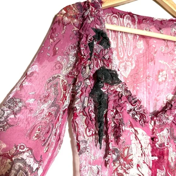 Stefanel VTG Y2K Silk Sheer Paisley Blouse Lace Trim Pearl Romantic Whimsical S - Picture 4 of 11